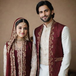 Pakistani traditional bride and groom. The bride is wearing a white dress with a maroon shawl, and the groom in a white dress with a maroon waistcoat.