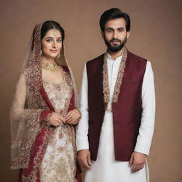 Pakistani traditional bride and groom. The bride is wearing a white dress with a maroon shawl, and the groom in a white dress with a maroon waistcoat.