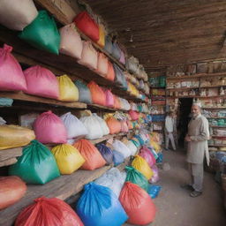 A traditional Pakistani fertilizer shop filled with colorful bags stacked high. Rustic wooden shelves, busy shopkeeper, and sights typical of a local bazaar.