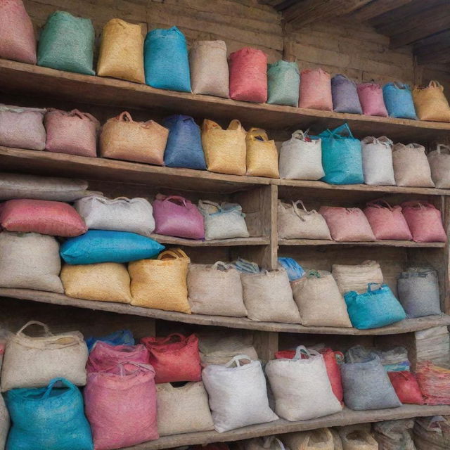 A traditional Pakistani fertilizer shop filled with colorful bags stacked high. Rustic wooden shelves, busy shopkeeper, and sights typical of a local bazaar.