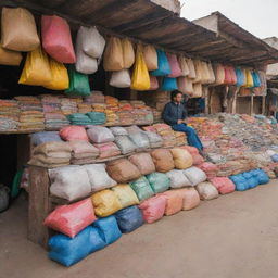 A traditional Pakistani fertilizer shop filled with colorful bags stacked high. Rustic wooden shelves, busy shopkeeper, and sights typical of a local bazaar.