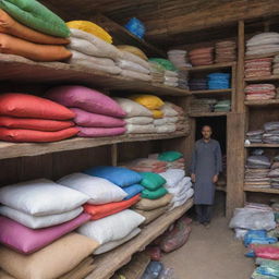 A traditional Pakistani fertilizer shop filled with colorful bags stacked high. Rustic wooden shelves, busy shopkeeper, and sights typical of a local bazaar.