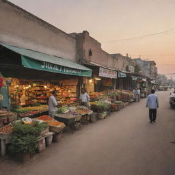 Expand the scene of the Pakistani fertilizer shop. Add bustling customers, various plants and seeds on display, local street vendors nearby, and the sun setting in the backdrop.