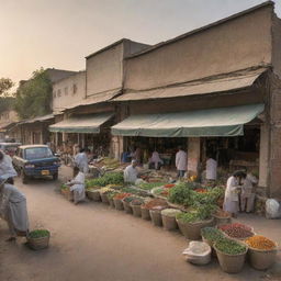 Expand the scene of the Pakistani fertilizer shop. Add bustling customers, various plants and seeds on display, local street vendors nearby, and the sun setting in the backdrop.