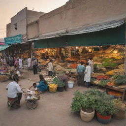 Expand the scene of the Pakistani fertilizer shop. Add bustling customers, various plants and seeds on display, local street vendors nearby, and the sun setting in the backdrop.