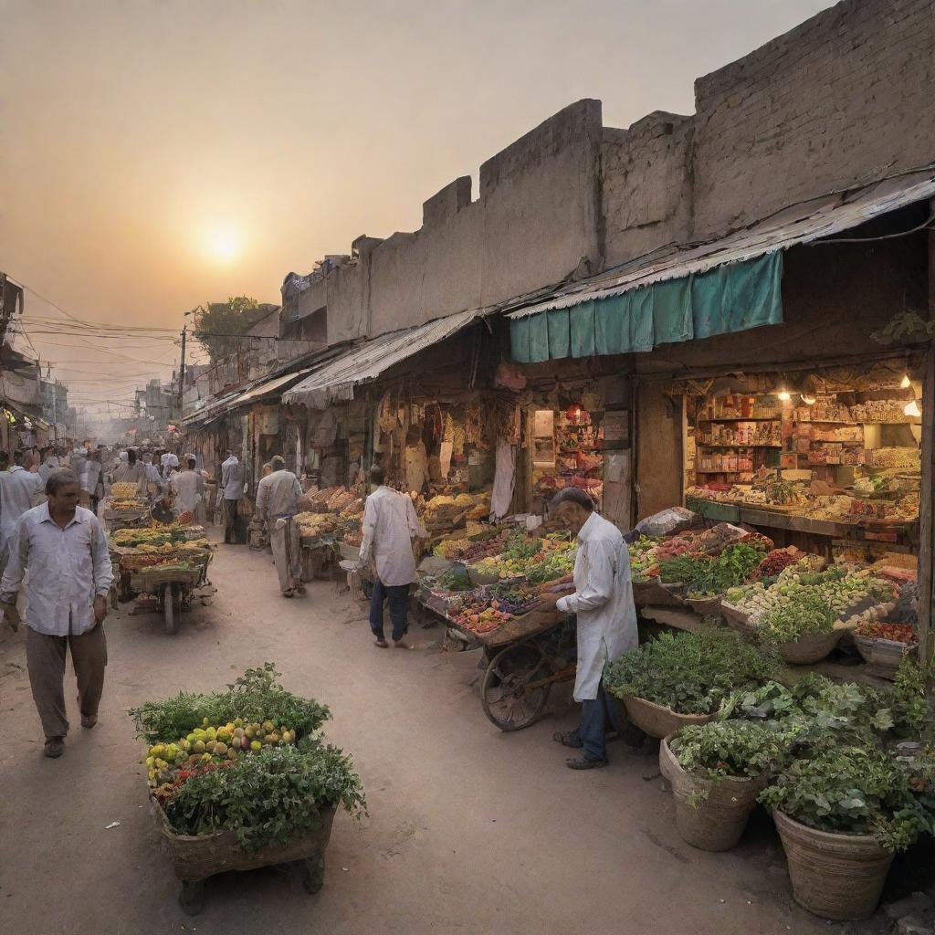 Expand the scene of the Pakistani fertilizer shop. Add bustling customers, various plants and seeds on display, local street vendors nearby, and the sun setting in the backdrop.