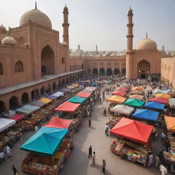 Revise the scene to showcase a dynamic Pakistani marketplace instead of a fertilizer shop. Populate it with stalls selling textiles, spices, fruits, and street food. Add smells, noise, and vibrant colors, with a majestic mosque nearby.