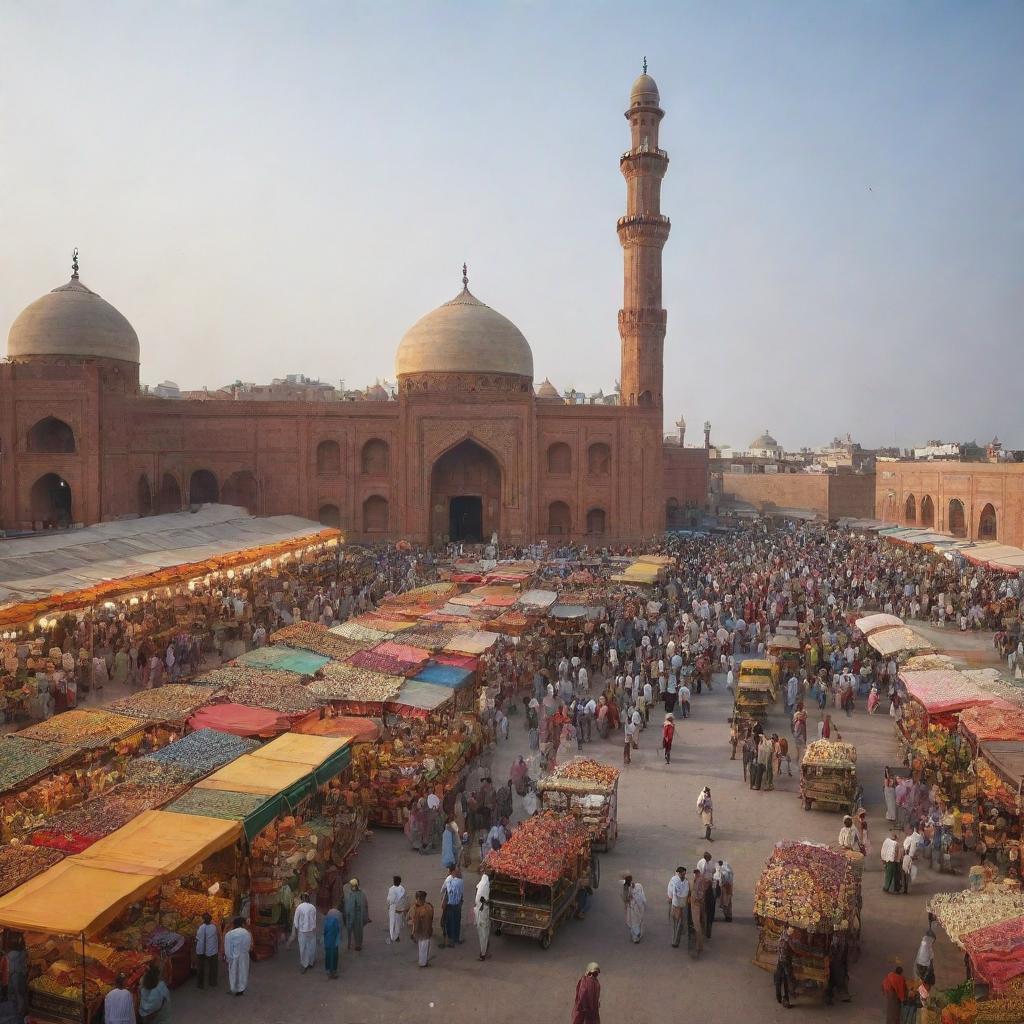 Revise the scene to showcase a dynamic Pakistani marketplace instead of a fertilizer shop. Populate it with stalls selling textiles, spices, fruits, and street food. Add smells, noise, and vibrant colors, with a majestic mosque nearby.