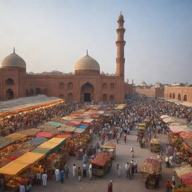 Revise the scene to showcase a dynamic Pakistani marketplace instead of a fertilizer shop. Populate it with stalls selling textiles, spices, fruits, and street food. Add smells, noise, and vibrant colors, with a majestic mosque nearby.