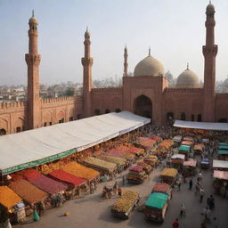 Revise the scene to showcase a dynamic Pakistani marketplace instead of a fertilizer shop. Populate it with stalls selling textiles, spices, fruits, and street food. Add smells, noise, and vibrant colors, with a majestic mosque nearby.