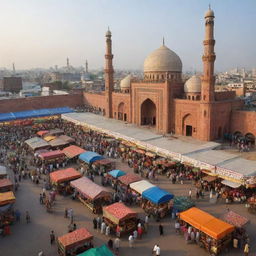 Revise the scene to showcase a dynamic Pakistani marketplace instead of a fertilizer shop. Populate it with stalls selling textiles, spices, fruits, and street food. Add smells, noise, and vibrant colors, with a majestic mosque nearby.