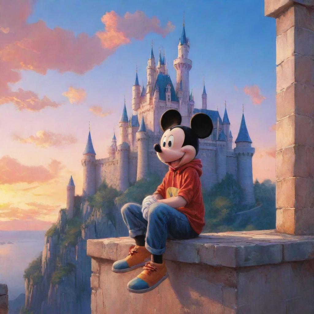 Illustration of a boy sitting on a ledge, a charming castle with a vivid sunset in the background, and Mickey Mouse beside him. The style is emulates RossDraws' magical realism with a sprinkle of Disney charm.