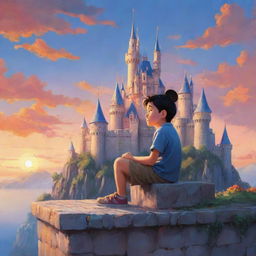 Illustration of a boy sitting on a ledge, a charming castle with a vivid sunset in the background, and Mickey Mouse beside him. The style is emulates RossDraws' magical realism with a sprinkle of Disney charm.