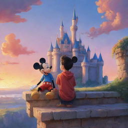 Illustration of a boy sitting on a ledge, a charming castle with a vivid sunset in the background, and Mickey Mouse beside him. The style is emulates RossDraws' magical realism with a sprinkle of Disney charm.