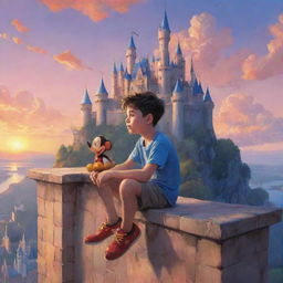 Illustration of a boy sitting on a ledge, a charming castle with a vivid sunset in the background, and Mickey Mouse beside him. The style is emulates RossDraws' magical realism with a sprinkle of Disney charm.