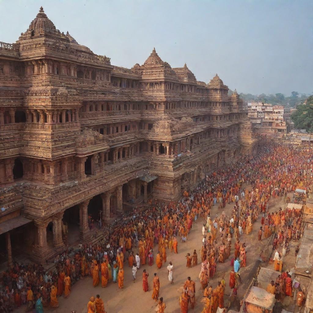 The city of Ayodhya in India during the birth of the Hindu god Ram, showcasing houses of intricate architecture, bustling bazaars, grand palaces, and the jubilant crowd celebrating.