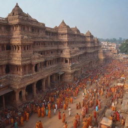 The city of Ayodhya in India during the birth of the Hindu god Ram, showcasing houses of intricate architecture, bustling bazaars, grand palaces, and the jubilant crowd celebrating.