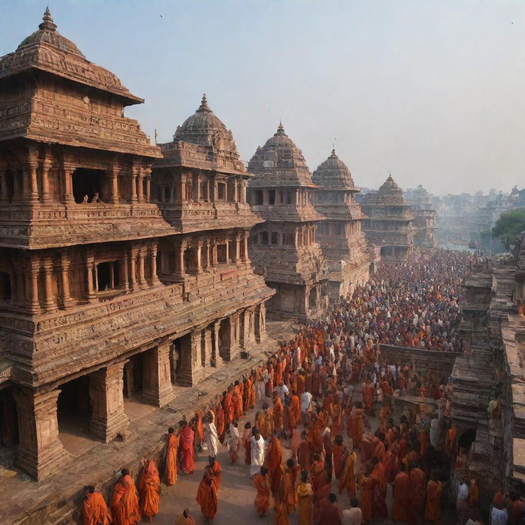 The city of Ayodhya in India during the birth of the Hindu god Ram, showcasing houses of intricate architecture, bustling bazaars, grand palaces, and the jubilant crowd celebrating.