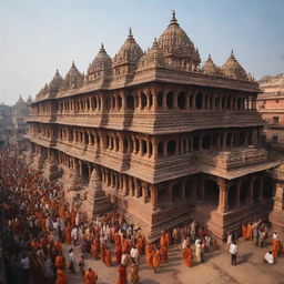 The city of Ayodhya in India during the birth of the Hindu god Ram, showcasing houses of intricate architecture, bustling bazaars, grand palaces, and the jubilant crowd celebrating.