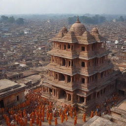 The city of Ayodhya in India during the birth of the Hindu god Ram, showcasing houses of intricate architecture, bustling bazaars, grand palaces, and the jubilant crowd celebrating.