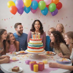 A festive, colorful birthday scene featuring a joyous celebration. A multi-tiered cake with lit candles, people laughing, balloons and streamers adorning the room, with gifts stacked high on a table.