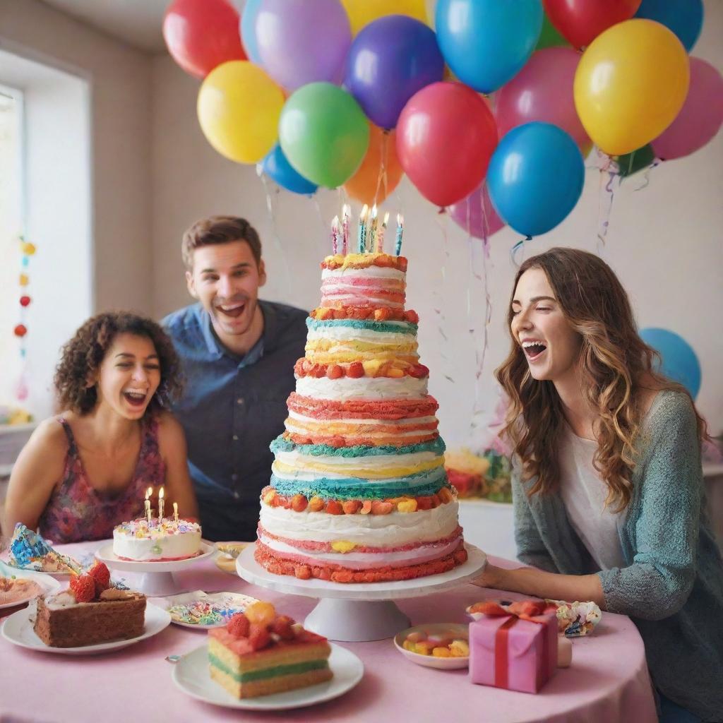 A festive, colorful birthday scene featuring a joyous celebration. A multi-tiered cake with lit candles, people laughing, balloons and streamers adorning the room, with gifts stacked high on a table.