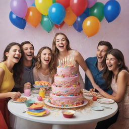 A festive, colorful birthday scene featuring a joyous celebration. A multi-tiered cake with lit candles, people laughing, balloons and streamers adorning the room, with gifts stacked high on a table.