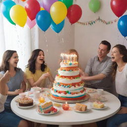 A festive, colorful birthday scene featuring a joyous celebration. A multi-tiered cake with lit candles, people laughing, balloons and streamers adorning the room, with gifts stacked high on a table.