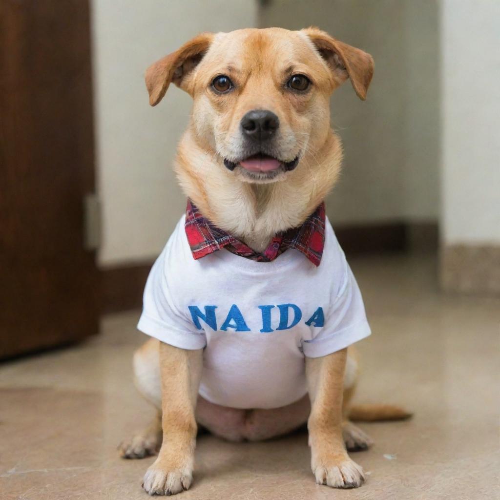 A dog wearing a shirt that says 'NANDA'