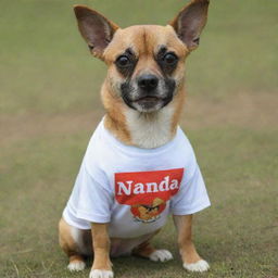 A dog wearing a shirt that says 'NANDA'