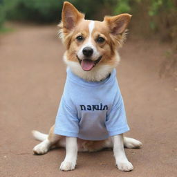 A dog wearing a shirt that says 'NANDA'