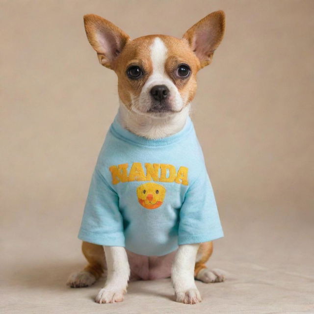 A dog wearing a shirt that says 'NANDA'