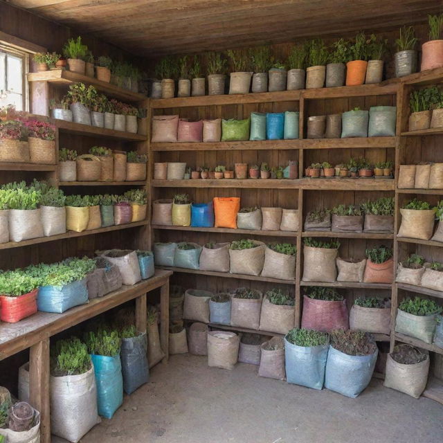 A small-town fertilizer shop filled with various types of fertilizers in multi-colored bags. Rustic shelves lined with gardening tools and plants, a helpful shopkeeper, surrounded by the smell of earth and a rustic charm.