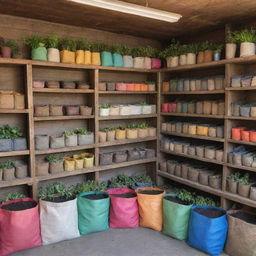 A small-town fertilizer shop filled with various types of fertilizers in multi-colored bags. Rustic shelves lined with gardening tools and plants, a helpful shopkeeper, surrounded by the smell of earth and a rustic charm.