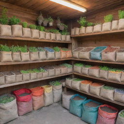 A small-town fertilizer shop filled with various types of fertilizers in multi-colored bags. Rustic shelves lined with gardening tools and plants, a helpful shopkeeper, surrounded by the smell of earth and a rustic charm.