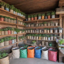 A small-town fertilizer shop filled with various types of fertilizers in multi-colored bags. Rustic shelves lined with gardening tools and plants, a helpful shopkeeper, surrounded by the smell of earth and a rustic charm.