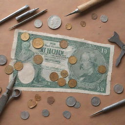 A well-detailed illustration of various banknotes and coins undergoing a unique repair process, with tools like screwdrivers and tweezers fixing the imperfections.