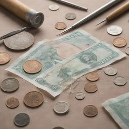 A well-detailed illustration of various banknotes and coins undergoing a unique repair process, with tools like screwdrivers and tweezers fixing the imperfections.