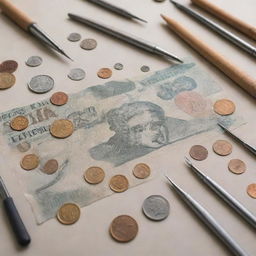 A well-detailed illustration of various banknotes and coins undergoing a unique repair process, with tools like screwdrivers and tweezers fixing the imperfections.