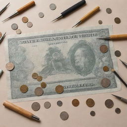 A well-detailed illustration of various banknotes and coins undergoing a unique repair process, with tools like screwdrivers and tweezers fixing the imperfections.