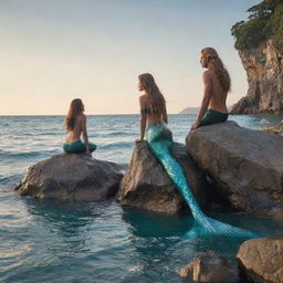 A mermaid with shimmering, scaly tail and long, flowing hair, sitting on a rock in the middle of the sea, staring longingly at a young human man standing on the shore.