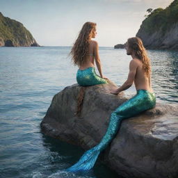 A mermaid with shimmering, scaly tail and long, flowing hair, sitting on a rock in the middle of the sea, staring longingly at a young human man standing on the shore.