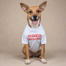 A playful dog wearing a T-shirt with the text 'NANDA OKTAFIA' on it.