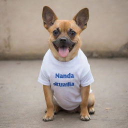 A playful dog wearing a T-shirt with the text 'NANDA OKTAFIA' on it.