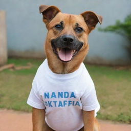 A playful dog wearing a T-shirt with the text 'NANDA OKTAFIA' on it.