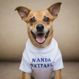 A playful dog wearing a T-shirt with the text 'NANDA OKTAFIA' on it.