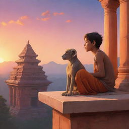 Illustration of a boy seated on a ledge, gazing at a majestic Ram temple with a warm sunset behind. A playful monkey sits beside him in a style reflecting RossDraws' magical realism.