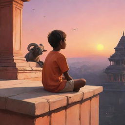 Illustration of a boy seated on a ledge, gazing at a majestic Ram temple with a warm sunset behind. A playful monkey sits beside him in a style reflecting RossDraws' magical realism.