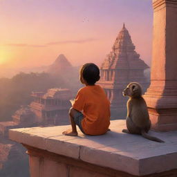 Illustration of a boy seated on a ledge, gazing at a majestic Ram temple with a warm sunset behind. A playful monkey sits beside him in a style reflecting RossDraws' magical realism.