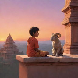 Illustration of a boy seated on a ledge, gazing at a majestic Ram temple with a warm sunset behind. A playful monkey sits beside him in a style reflecting RossDraws' magical realism.